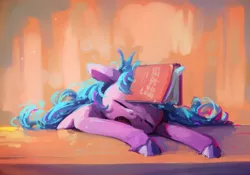 Size: 3920x2748 | Tagged: safe, artist:inkhooves, derpibooru import, izzy moonbow, pony, unicorn, book, female, g5, image, jpeg, mare, sleeping, solo