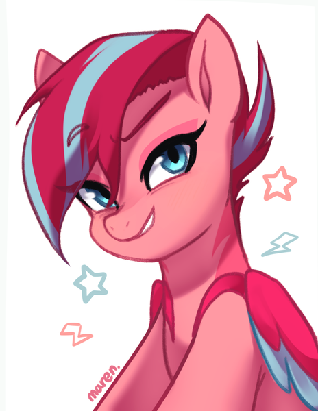 Size: 1333x1724 | Tagged: safe, artist:maren, derpibooru import, zipp storm, pegasus, pony, alternate design, alternate hairstyle, concept art, g5, grin, image, png, redesign, simple background, smiling, solo, white background