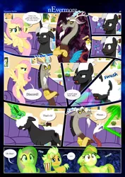 Size: 3259x4607 | Tagged: safe, artist:estories, derpibooru import, discord, fluttershy, oc, oc:alice goldenfeather, oc:fable, oc:möbius, draconequus, pegasus, pony, unicorn, comic:nevermore, angry, brother and sister, comic, female, food, high res, horn, image, male, pegasus oc, png, popcorn, siblings, speech bubble, unicorn oc, wings