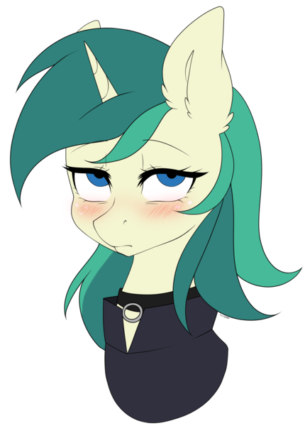 Size: 2969x4143 | Tagged: safe, artist:torihime, derpibooru import, oc, oc:spring starflower, unofficial characters only, unicorn, annoyed, blushing, choker, cute, female, image, png, simple background, solo, trans female, transgender, transparent background