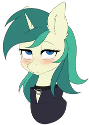 Size: 2969x4143 | Tagged: safe, artist:torihime, derpibooru import, oc, oc:spring starflower, unofficial characters only, unicorn, annoyed, blushing, choker, cute, female, image, png, simple background, solo, trans female, transgender, transparent background