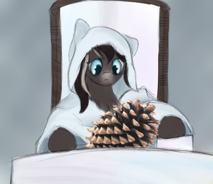 Size: 1022x883 | Tagged: safe, artist:ahorseofcourse, oc, oc:pine ponder, ponified, unofficial characters only, pony, taiga pony, blaze (coat marking), chest fluff, cloak, clothes, drawthread, female, floppy ears, image, mare, meme, pinecone, png, pondering, solo