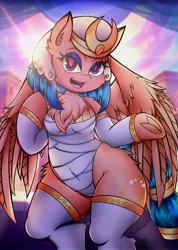 Size: 2910x4096 | Tagged: safe, artist:canvymamamoo, derpibooru import, somnambula, pegasus, semi-anthro, belly button, breasts, chest fluff, clothes, ear fluff, eyeshadow, female, frog (hoof), image, jpeg, looking at you, makeup, open mouth, smiling, socks, solo, stockings, sun ray, thigh highs, underhoof, wrapping