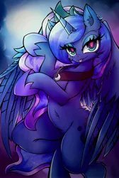 Size: 2747x4096 | Tagged: safe, artist:canvymamamoo, derpibooru import, princess luna, alicorn, semi-anthro, :p, belly button, breasts, chest fluff, ear fluff, female, hoof shoes, image, jewelry, jpeg, lidded eyes, peytral, regalia, smiling, solo, tongue out