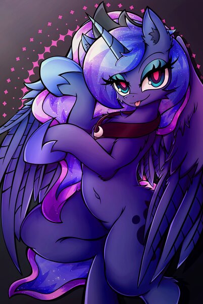 Size: 2747x4096 | Tagged: safe, alternate version, artist:canvymamamoo, derpibooru import, princess luna, alicorn, semi-anthro, :p, abstract background, belly button, breasts, chest fluff, ear fluff, female, hoof shoes, image, jewelry, jpeg, lidded eyes, peytral, regalia, smiling, solo, tongue out