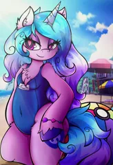 Size: 2793x4096 | Tagged: safe, artist:canvymamamoo, derpibooru import, izzy moonbow, semi-anthro, unicorn, my little pony: a new generation, beach, beach umbrella, belly button, chest fluff, clothes, ear fluff, female, g5, image, jpeg, lidded eyes, one-piece swimsuit, smiling, solo, sun ray, swimsuit, umbrella, unshorn fetlocks