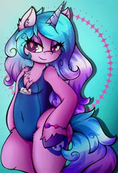 Size: 2793x4096 | Tagged: safe, alternate version, artist:canvymamamoo, derpibooru import, izzy moonbow, semi-anthro, unicorn, my little pony: a new generation, abstract background, belly button, chest fluff, clothes, ear fluff, female, g5, image, jpeg, lidded eyes, one-piece swimsuit, smiling, solo, swimsuit, unshorn fetlocks