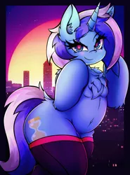 Size: 3024x4096 | Tagged: safe, artist:canvymamamoo, derpibooru import, minuette, semi-anthro, unicorn, belly button, blushing, chest fluff, city, clothes, ear fluff, female, frog (hoof), image, jpeg, looking at you, raised eyebrow, retrowave, smiling, socks, solo, stockings, thigh highs, underhoof