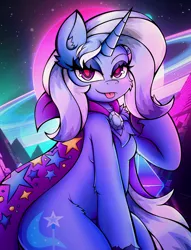 Size: 3137x4096 | Tagged: safe, artist:canvymamamoo, derpibooru import, trixie, semi-anthro, unicorn, blushing, breasts, cape, chest fluff, clothes, ear fluff, female, image, jpeg, lidded eyes, looking at you, retrowave, saturn, smiling, solo, tongue out, trixie's cape, unshorn fetlocks