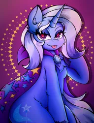 Size: 3137x4096 | Tagged: safe, alternate version, artist:canvymamamoo, derpibooru import, trixie, semi-anthro, unicorn, abstract background, blushing, breasts, cape, chest fluff, clothes, ear fluff, female, image, jpeg, lidded eyes, looking at you, smiling, solo, tongue out, trixie's cape, unshorn fetlocks