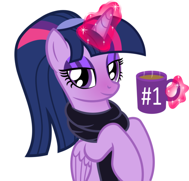 Size: 2595x2488 | Tagged: safe, artist:severity-gray, derpibooru import, twilight sparkle, twilight sparkle (alicorn), alicorn, pony, alternate hairstyle, blushing, bust, clothes, coffee, coffee mug, eyeshadow, image, implied shipping, implied tempestlight, looking at you, magic, magic aura, makeup, mug, png, ponytail, scarf, simple background, solo, transparent background