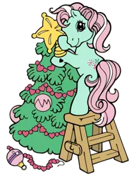 Size: 1005x1319 | Tagged: safe, derpibooru import, official, minty, earth pony, pony, a very minty christmas, bipedal, christmas, christmas star, christmas tree, g3, holiday, image, ornament, png, simple background, solo, standing, stool, transparent background, tree