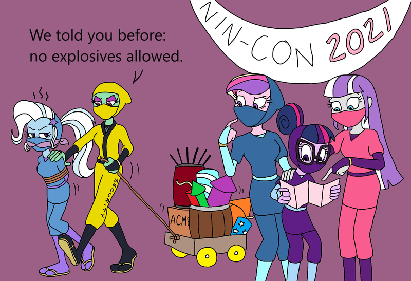 Size: 2096x1432 | Tagged: safe, artist:bugssonicx, derpibooru import, princess cadance, sci-twi, trixie, twilight sparkle, twilight velvet, equestria girls, alternate clothes, bondage, brightly colored ninjas, cleave gag, dean cadance, explosives, female, females only, gag, image, kunoichi, mask, mother and child, mother and daughter, ninja, png, rope, sandals, security guard