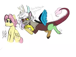 Size: 1600x1200 | Tagged: safe, derpibooru import, discord, fluttershy, draconequus, pegasus, pony, butterscotch, discoshy, eris, eriscotch, female, genderber, image, male, png, rule 63, shipping, straight