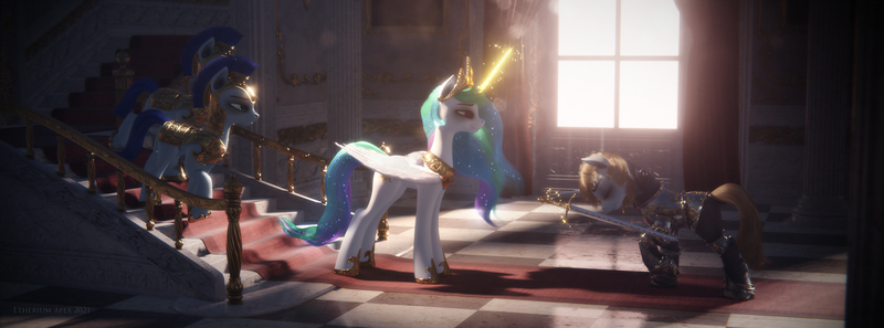 Size: 3840x1427 | Tagged: safe, artist:etherium-apex, derpibooru import, princess celestia, oc, oc:rosin bow, alicorn, pony, unicorn, 3d, armor, blender, blendereevee, image, knight, png, sword, weapon