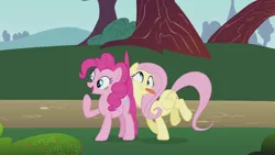 Size: 1920x1080 | Tagged: safe, derpibooru import, screencap, fluttershy, pinkie pie, earth pony, pegasus, pony, dragonshy, season 1, derp, duo, duo female, faic, female, image, mare, pinkie being pinkie, png, raised hoof, silly, silly pony, tongue out