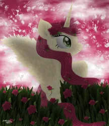 Size: 2100x2432 | Tagged: safe, artist:lincolnbrewsterfan, derpibooru import, roseluck, alicorn, alicornified, anastasis, ascension, beautiful, captivating, colorful, derpibooru exclusive, ethereal mane, ethereal tail, feather, female, flower, flower field, flower in hair, flowing hair, flowing mane, flowing tail, fur, garden, garden of delights, glow, grass, grass field, hair, horn, image, inkscape, lineless, looking up, loose hair, nc-tv signature, pink, pink sky, png, race swap, raised hoof, red, rose, rosecorn, royalty, shading, sky, solo, spread wings, .svg available, tail, vector, wings
