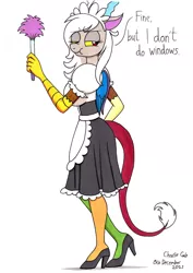 Size: 1920x2711 | Tagged: safe, artist:killerteddybear94, derpibooru import, discord, anthro, draconequus, clothes, dialogue, dress, duster, eris, eyebrows, eyebrows visible through hair, female, high res, image, jpeg, maid eris, rule 63, scrunchy face, simple background, solo, traditional art, white background