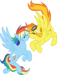 Size: 1024x1330 | Tagged: safe, artist:mysteriouskaos, derpibooru import, rainbow dash, spitfire, pegasus, duo, eyes closed, female, fire hair, flying, goggles, image, kissing, lesbian, multicolored hair, png, rainbow hair, shipping, simple background, spitdash, spread wings, transparent background, wings