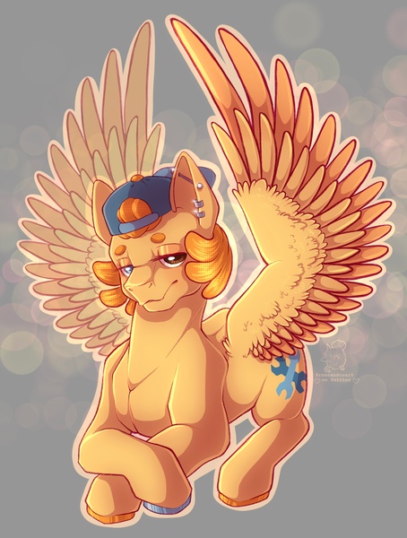 Size: 2173x2872 | Tagged: suggestive, artist:roseandcompany, derpibooru import, oc, oc:trucker, pegasus, backwards ballcap, baseball cap, butch, cap, female, hat, image, jpeg, lesbian, muscles, muscular female, pegasus oc, piercing, realistic anatomy, spread wings, wings