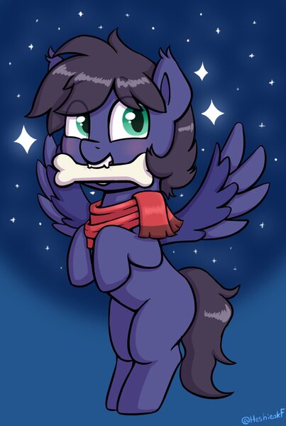 Size: 1122x1672 | Tagged: safe, artist:heretichesh, derpibooru import, oc, unofficial characters only, pegasus, pony, behaving like a dog, bone, clothes, flying, image, jpeg, mouth hold, scarf, solo, stars