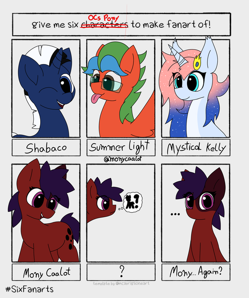 Size: 3430x4096 | Tagged: safe, artist:monycaalot, derpibooru import, oc, oc:mony caalot, oc:mystical kelly, oc:shabaco, oc:summer lights, earth pony, pegasus, pony, unicorn, six fanarts, glasses, image, interrogation, looking at you, png, tongue out, wings