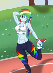 Size: 1280x1754 | Tagged: safe, artist:lennondash, derpibooru import, rainbow dash, equestria girls, equestria girls series, abs, arm behind head, athletic, breasts, clothes, female, grin, image, leggings, one eye closed, png, raised leg, shoes, smiling, sneakers, solo, wink
