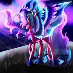 Size: 5800x5800 | Tagged: safe, artist:florarena-kitasatina/dragonborne fox, derpibooru import, oc, oc:auroral amnity, unofficial characters only, alicorn, absurd resolution, aurora borealis, colored wings, cracked ground, dat mane, image, joke oc, multicolored wings, ow the edge, png, raised leg, signature, unshorn fetlocks, watermark, why, wings, wtf