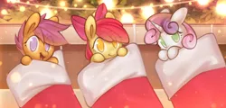 Size: 3864x1860 | Tagged: safe, artist:mirroredsea, derpibooru import, apple bloom, scootaloo, sweetie belle, earth pony, pegasus, pony, unicorn, adorabloom, apple bloom's bow, bow, christmas, christmas stocking, clothes, cute, cutealoo, cutie mark crusaders, diasweetes, eye clipping through hair, female, filly, hair bow, happy, holiday, image, jpeg, lights, micro, open mouth, redraw, smiling, trio, weapons-grade cute