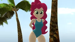 Size: 1920x1080 | Tagged: safe, artist:mr.uberrebu25, derpibooru import, pinkie pie, equestria girls, 3d, beach, beach babe, blue swimsuit, breasts, busty pinkie pie, clothes, image, leotard, one-piece swimsuit, palm tree, png, solo, swimsuit, tree