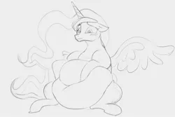 Size: 1294x863 | Tagged: suggestive, artist:dotkwa, derpibooru import, princess luna, alicorn, pony, belly, belly button, big belly, blushing, fat, female, frown, gray background, grayscale, huge belly, image, jpeg, mare, monochrome, obese, princess moonpig, simple background, sitting, sketch, solo, spread wings, wings