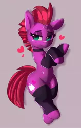 Size: 1685x2673 | Tagged: safe, artist:pabbley, derpibooru import, fizzlepop berrytwist, tempest shadow, pony, unicorn, arm warmers, bedroom eyes, choker, clothes, female, floating heart, heart, image, jpeg, leg warmers, mare, smiling, solo, wide hips