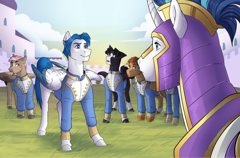 Size: 1832x1206 | Tagged: safe, artist:0naturaldisaster0, derpibooru import, shining armor, pegasus, pony, unicorn, armor, clothes, colored wings, helmet, image, male, outdoors, png, royal guard, stallion, two toned wings, wings
