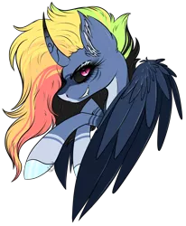 Size: 1776x2154 | Tagged: safe, artist:beamybutt, derpibooru import, oc, unofficial characters only, alicorn, pony, alicorn oc, bust, curved horn, ear fluff, evil grin, eyelashes, female, grin, horn, image, mare, offspring, parent:king sombra, parent:rainbow dash, parents:sombradash, png, simple background, smiling, transparent background, wings