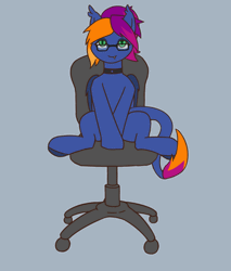 Size: 920x1080 | Tagged: safe, artist:falses, derpibooru import, oc, oc:layla horizon, unofficial characters only, bat pony, pony, animated, bat pony oc, bat wings, chair, choker, commission, cute, fangs, gif, glasses, i have done nothing productive all day, image, long tail, loop, office chair, simple background, smiling, solo, spinning, tail, wings, ych result, you spin me right round