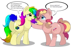 Size: 1280x815 | Tagged: safe, artist:rainbowtashie, author:bigonionbean, derpibooru import, pinkie pie, sunset shimmer, oc, oc:rainbow tashie, oc:sunbutter cookies, earth pony, pony, unicorn, butt, commissioner:bigonionbean, crying, cutie mark, dialogue, dummy thicc, extra thicc, female, flank, fusion, fusion:sunbutter cookies, image, mare, nintendo, nintendo 64, plot, png, tears of joy, teary eyes