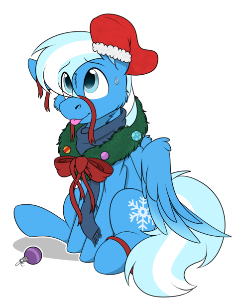 Size: 1620x2060 | Tagged: safe, artist:rokosmith26, derpibooru import, oc, oc:bluebreeze, unofficial characters only, pegasus, pony, blue scarf, bow, cheek fluff, christmas, christmas stocking, christmas wreath, clothes, commission, floppy ears, holiday, image, looking up, male, one ear down, pegasus oc, pegasus wings, png, raised hoof, ribbon, scarf, shadow, simple background, sitting, smiling, solo, spread wings, stallion, sweat, sweatdrop, tail, tongue out, transparent background, wings, wreath, ych result