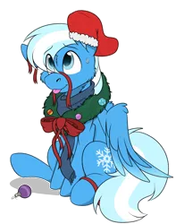 Size: 1620x2060 | Tagged: safe, artist:rokosmith26, derpibooru import, oc, oc:bluebreeze, unofficial characters only, pegasus, pony, blue scarf, bow, cheek fluff, christmas, christmas stocking, christmas wreath, clothes, commission, floppy ears, holiday, image, looking up, male, one ear down, pegasus oc, pegasus wings, png, raised hoof, ribbon, scarf, shadow, simple background, sitting, smiling, solo, spread wings, stallion, sweat, sweatdrop, tail, tongue out, transparent background, wings, wreath, ych result
