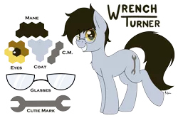 Size: 2600x1730 | Tagged: safe, artist:ponynamedmixtape, derpibooru import, oc, oc:wrench turner, unofficial characters only, earth pony, color palette, cutie mark, glasses, image, male, png, reference sheet, simple background, solo, transparent background