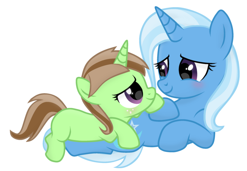 Size: 1920x1332 | Tagged: safe, artist:grapefruit-face, derpibooru import, trixie, oc, oc:limey lulamoon, pony, unicorn, blushing, female, freckles, image, looking at each other, looking at someone, lying down, mother and child, mother and daughter, parents:grapexie, png, purple eyes, simple background, transparent background, updated, wholeseome