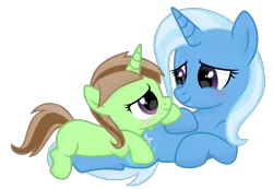 Size: 1920x1332 | Tagged: safe, artist:grapefruit-face, derpibooru import, trixie, oc, oc:limey lulamoon, pony, unicorn, blushing, female, freckles, image, looking at each other, looking at someone, lying down, mother and child, mother and daughter, parents:grapexie, png, purple eyes, simple background, transparent background, updated, wholeseome