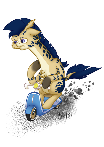 Size: 2480x3508 | Tagged: safe, artist:khaki-cap, derpibooru import, oc, oc:procerus, unofficial characters only, giraffe, bored, commission, digital art, dirt, driving, fast, funny, giraffe oc, grumpy, image, long neck, png, raffle, scooter, signature, simple background, solo, transparent background, twitter link, vespa, ych result