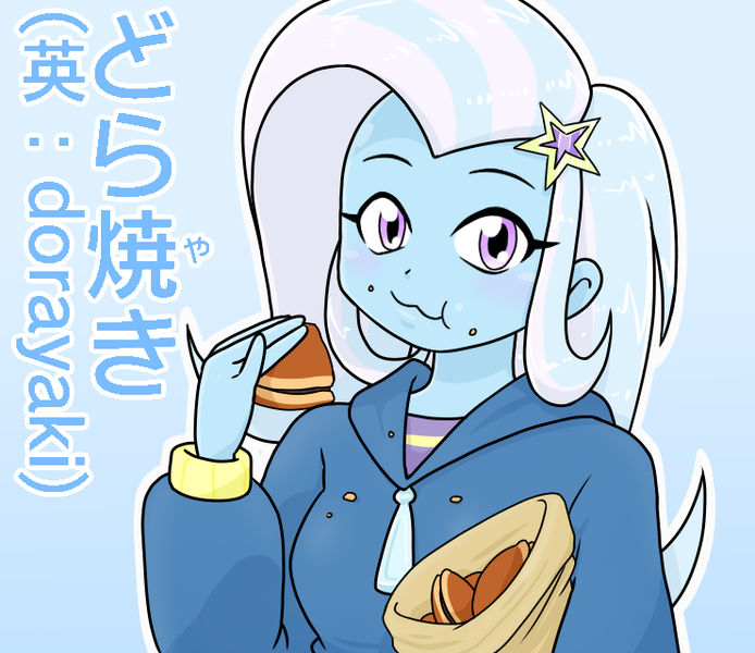 Size: 740x640 | Tagged: safe, artist:batipin, derpibooru import, trixie, chinese text, clothes, dorayaki, eating, eyes closed, food, hoodie, image, looking at you, messy eating, moon runes, open mouth, png, tongue out