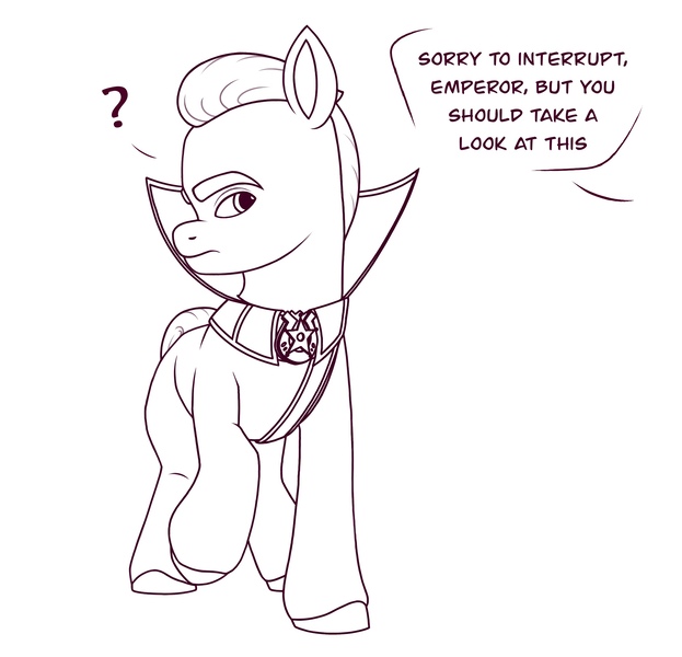 Size: 2125x2048 | Tagged: safe, artist:dancingkinfiend, derpibooru import, edit, edited screencap, screencap, sprout cloverleaf, earth pony, pony, my little pony: a new generation, belt, black and white, clothes, comic, conversation, doodle, emperor sprout, g5, grayscale, image, jpeg, lineart, male, manipulation, monochrome, sheriff, sheriff's badge, sketch, solo, stallion, text, uniform