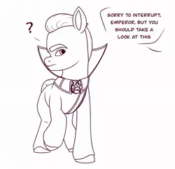 Size: 2125x2048 | Tagged: safe, artist:dancingkinfiend, derpibooru import, edit, edited screencap, screencap, sprout cloverleaf, earth pony, pony, my little pony: a new generation, belt, black and white, clothes, comic, conversation, doodle, emperor sprout, g5, grayscale, image, jpeg, lineart, male, manipulation, monochrome, sheriff, sheriff's badge, sketch, solo, stallion, text, uniform