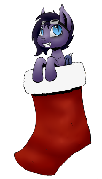 Size: 734x1280 | Tagged: safe, artist:darkhestur, derpibooru import, oc, oc:ravenpuff, bat pony, christmas, fangs, goggles, holiday, image, png, simple background, sock, solo, transparent background