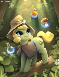 Size: 1836x2362 | Tagged: safe, artist:batonya12561, derpibooru import, oc, oc:goldy flask, unofficial characters only, pegasus, flask, forest, image, mushroom, png, solo, tree