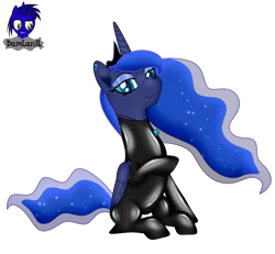 Size: 4154x3840 | Tagged: safe, alternate version, artist:damlanil, derpibooru import, princess luna, alicorn, pony, catsuit, clothes, crown, cute, ear piercing, ethereal mane, eyeshadow, female, galaxy mane, horn, image, jewelry, latex, latex suit, looking at you, makeup, mare, piercing, png, regalia, rubber, shiny, shiny mane, show accurate, simple background, sitting, smiling, smiling at you, solo, suit, transparent background, vector, wings