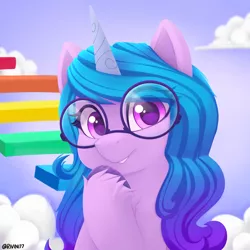Size: 2400x2400 | Tagged: safe, artist:rivin177, derpibooru import, izzy moonbow, pony, unicorn, my little pony: a new generation, blue mane, cloud, curly hair, cute, ears, eye clipping through hair, fit right in (g5), g5, glasses, hooves up, horn, image, izzy is tol, izzybetes, png