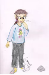 Size: 839x1280 | Tagged: safe, artist:sabertooth1980, derpibooru import, angel bunny, fluttershy, human, rabbit, animal, clothes, glasses, human male, human to pony, image, jpeg, male, male to female, open mouth, open smile, pants, ponytail, rock, rule 63, shirt, shoes, smiling, traditional art, transformation, transformation sequence, transgender transformation, tugging